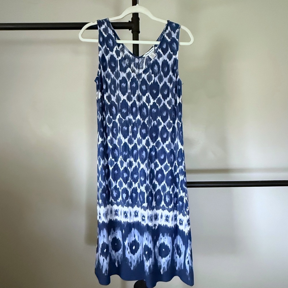 Tommy Bahama Blue Ikat Linen Blend Sleeveless V-Neck Shift Dress Small